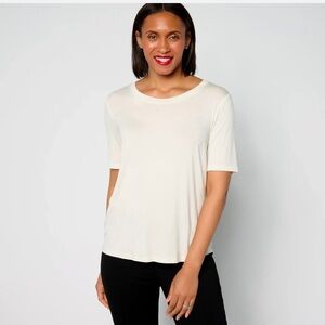 NEW zuda Scoop neck Short Sleeve Top with Keyhole Back-Soft Cream-Large-A642816